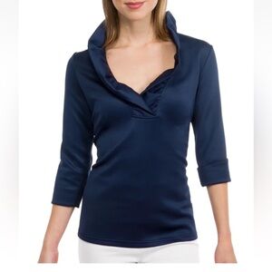 GRETCHEN SCOTT Navy Blue Jersey RUFFNECK TOP Ruffle Neck Blouse Sz Small